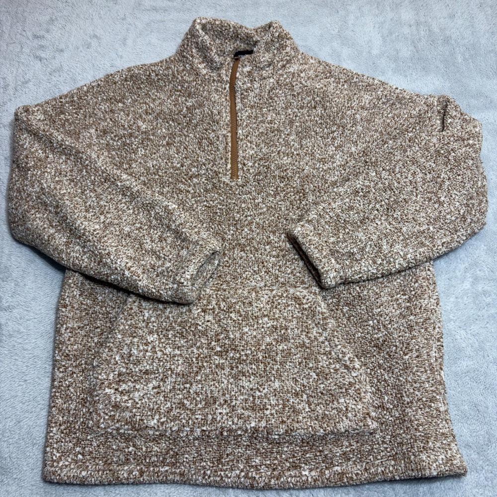 Zenana Sherpa Fleece Pullover Women XL Tan Marled Popcorn 1/4 Zip Sweater Pocket